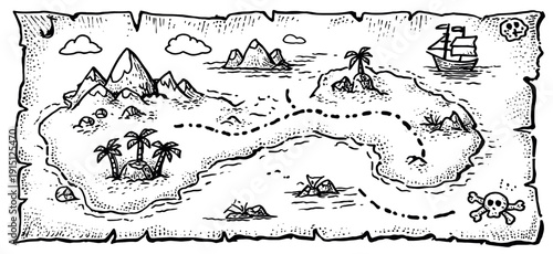 Hand drawn treasure map illustrating pirate island adventure. Hand drawn treasure map showing an island with mountains, palm trees, ships, and marked treasure