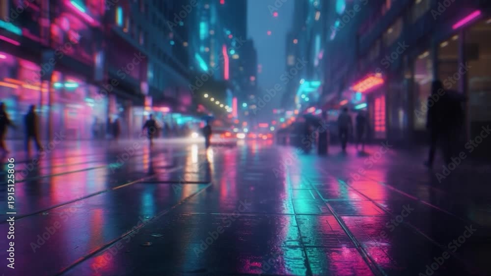 custom made wallpaper toronto digitalA rainy street scene in a city, with neon lights reflecting on the wet pavement