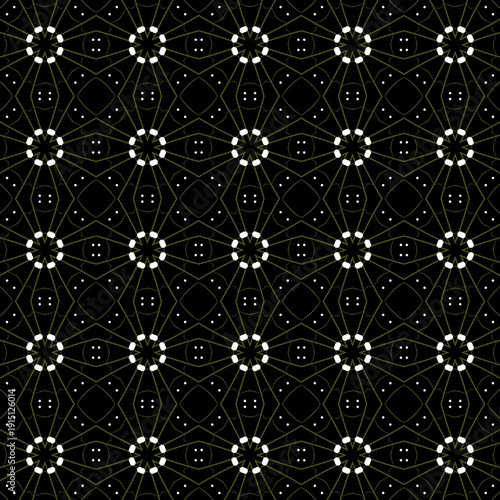 Seamless dark geometric pattern with white floral rosettes and intricate golden line work on a deep charcoal background, ideal for textile design or digital wallpaper.