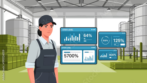 Woman Overseeing Industrial Data on Screens in a Factory Setting.