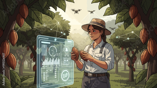 Cocoa Farmer Analyzing Data on Transparent Display in Plantation.