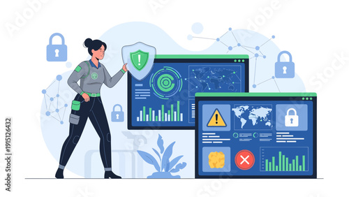 Cybersecurity Analyst Protecting Data with Shield and Monitoring Systems.