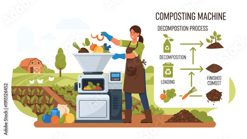 Composting Machine Woman Feeding Organic Waste for Decomposition Process.