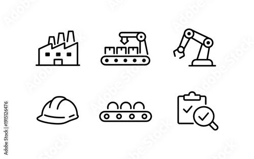Industrial automation icons: factory, robot arm, conveyor, hard hat, and quality control