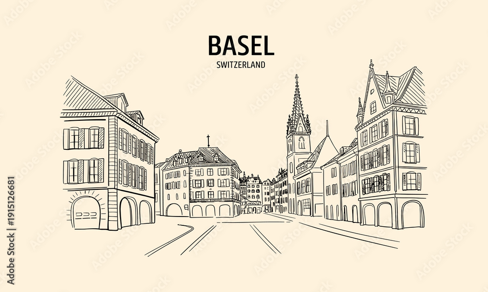 Naklejka premium Basel Switzerland Old Town Street Scene Sketch 
