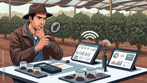 Farmer Analyzing Soil Samples with Technology in Greenhouse.