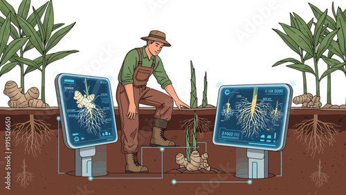 Farmer Inspecting Ginger Roots with Technology Displays in a Field.