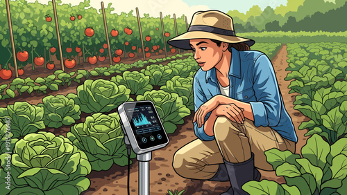 Farmer Monitoring Crop Health with Advanced Technology.