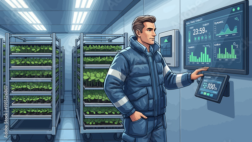 Indoor Farming Technician Monitoring Plant Growth on Digital Displays.