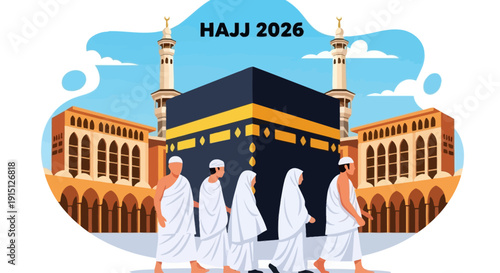 Pilgrims in white robes walk towards the Kaaba during Hajj in Mecca, Saudi Arabia, illustration