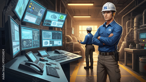 Industrial Control Room Engineer Overseeing Operations with Advanced Monitoring Systems.