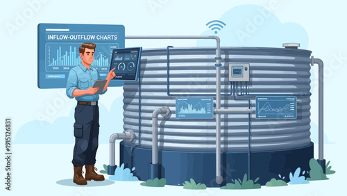 Man Inspecting Industrial Water Tank with Digital Interface.