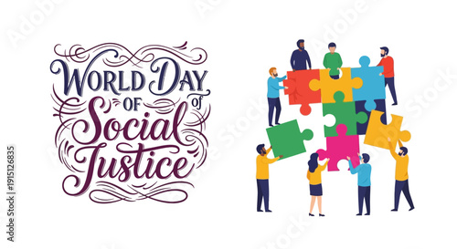 Illustration of diverse people assembling colorful puzzle pieces on World Day of Social Justice, promoting unity and equality.