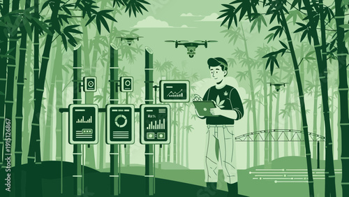 Man Monitoring Bamboo Forest with Drones and Data Displays.