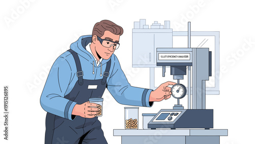 Man Operating Industrial Testing Equipment with Coffee.