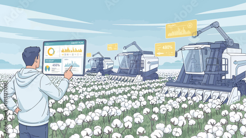 Precision Agriculture Farmer Monitoring Cotton Harvest with Technology.