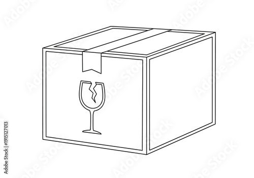 Black and white line drawing of a sealed shipping box with a fragile glass symbol