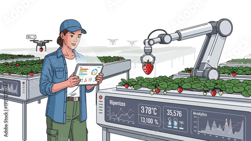 Precision Agriculture Farmer Monitoring Crops with Drone and Robotic Arm.