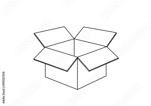 Black and white line drawing of an open cardboard box from a slight elevated angle