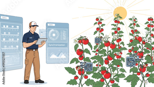 Precision Agriculture Farmer Monitoring Tomato Crop with Technology.