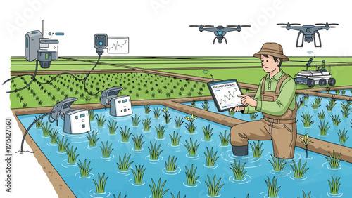 Precision Agriculture Farmer Using Technology in Rice Field.