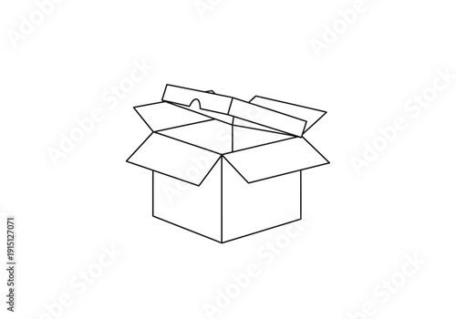 Black and white line drawing of an open cardboard shipping box