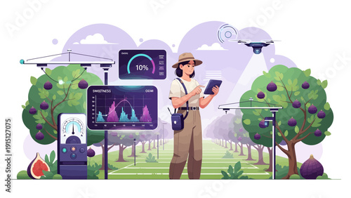 Precision Agriculture Female Agronomist Monitoring Fig Orchard with Advanced Technology.