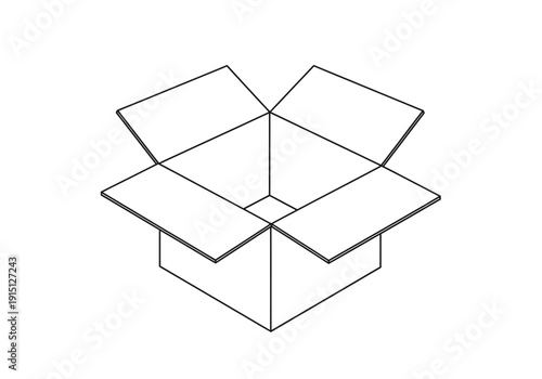 Black and white line drawing of an open cardboard box viewed from above