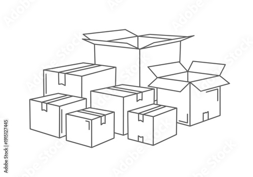 Stack of varioussized cardboard shipping boxes some open line art