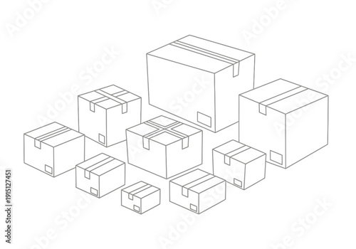 Outline drawing of various sizes of stacked and grouped cardboard boxes