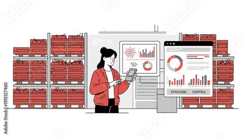 Woman Analyzing Inventory Data in Warehouse with Digital Tools.