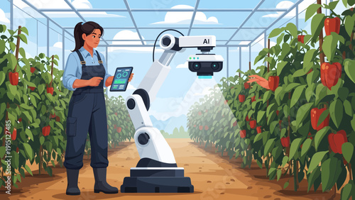 Woman and AI Robot Working in Greenhouse with Tomato Plants.