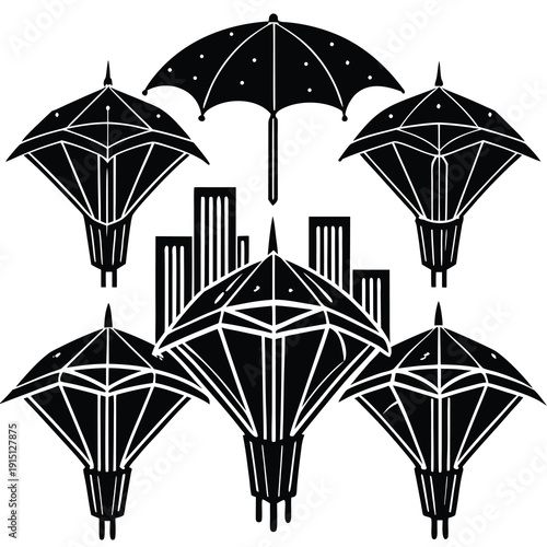 A colorful pattern of open blue umbrellas provides protection from the wet autumn weather in this vector illustration of a rainy summer sky