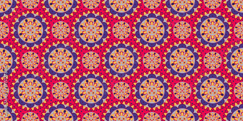 Seamless pattern with traditional Indian floral ornament for fabric swatch or wrapping paper. Vector abstract kaleidoscopic background