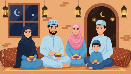 Family Gathering During Ramadan Night at Home with Traditional Food and Clothing