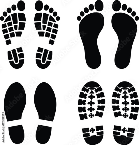 Collection of various footprints and shoe prints in black