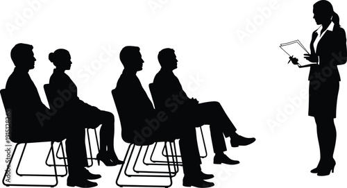 Business Presentation Silhouettes, Female Speaker Presenting to Audience Group, Corporate Seminar Training Session, Isolated Black Figures