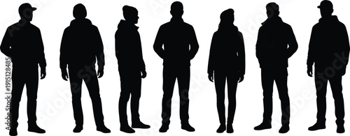 Casual Men Silhouettes Collection, Male Figures in Hoodies and Caps Standing, Urban Fashion Isolated Black Shapes