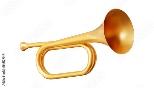 3d realistic metal golden trumpet icon. Wind musical instrument horn. Front view. Stock vector illustration on isolated background.