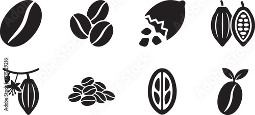 Cacao bean black vector icon set collection isolated on white background.
