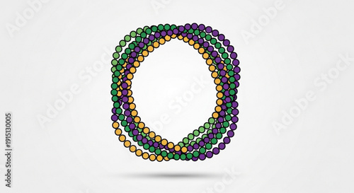Vibrant mardi gras beads in purple green and gold form a circular pattern on a white background symbolizing festive celebration and cultural tradition