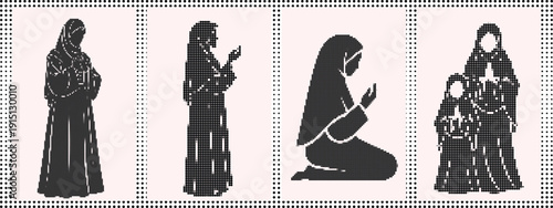 halftone dotted female silhouette pose set in vertical panels featuring standing, kneeling and mother with child front view composition