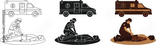 Medical paramedics perform CPR on an injured person in distressful situation