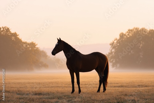 Horse in silhouette standing in misty field at sunrise. Equestrian animal with brown coat and white blaze on peaceful meadow at dawn.
