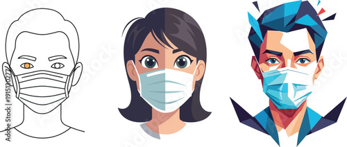 Diverse people wearing surgical face masks in different illustration styles