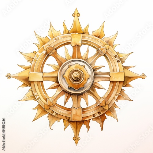 ship's wheel depicted in watercolor on a white background