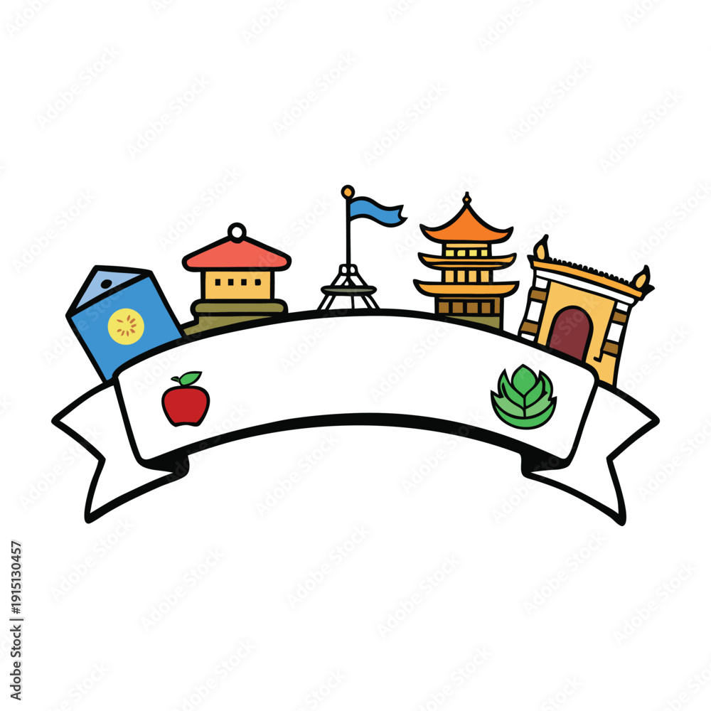 Obraz premium A vibrant Korea journey banner featuring traditional fans, hanbok, Korean lanterns, and cultural icons, capturing the spirit and charm of Korea in one scene. 