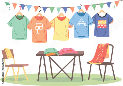 Flea market with clothes hanging on a rope vector illustration 
