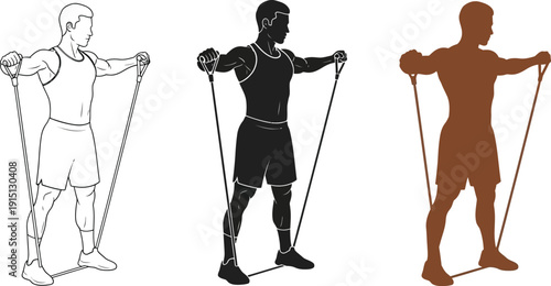 Athletic man exercises with resistance band in various illustration styles boldly