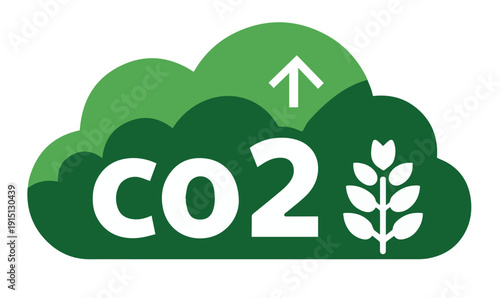 Co2 emission reduction, green cloud with arrow up and plant vector illustration
